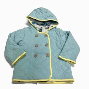 Mini Boden blue reversible quilted jacket with birds